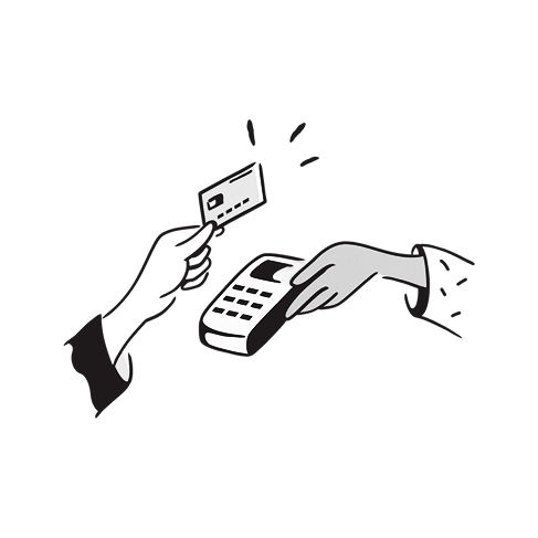 Illustration of a hand paying with a card at a payment terminal